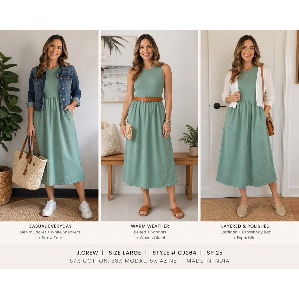 J.Crew Ribbed Knit Mixed Tank Midi Dress Eucalyptus Green Sleeveless Large
